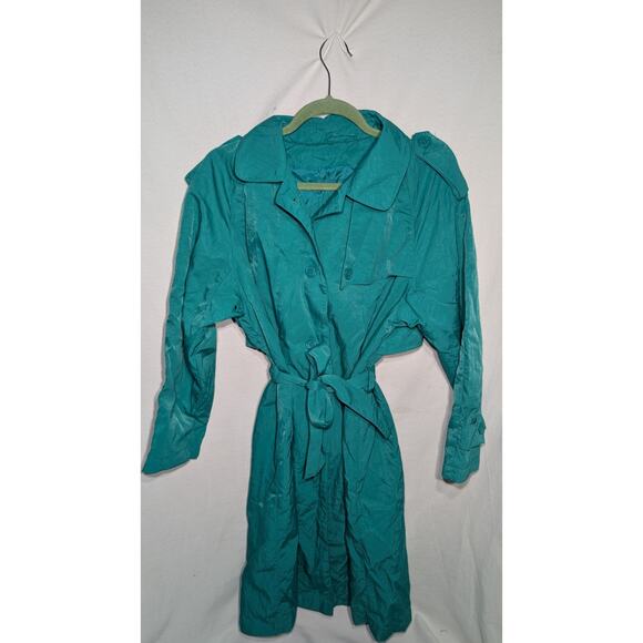 Amanda Smith Petites VTG Womens Long Trench Coat Rain Jacket Sz 6P Turquoise 80s - Picture 2 of 7